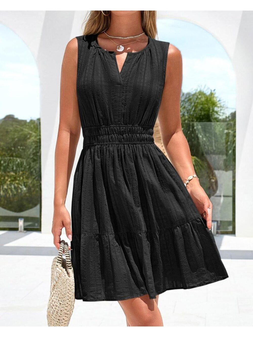 〽️Women's Black V Neck Casual Sleeveless Summer Boho Pull On Cotton Mini Dress
